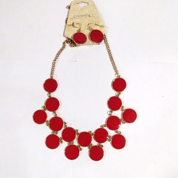 Stylish Gold-tone Red Flat Round Discs Necklace & Matching Earrings Set Women's - Picture 8 of 8